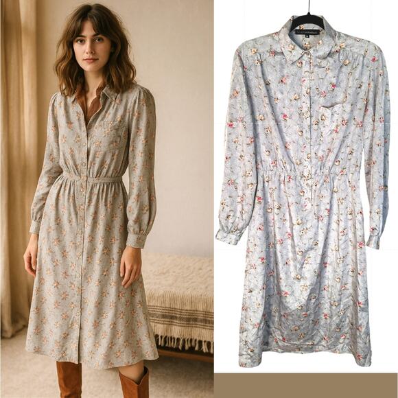 Vintage 1970s Lady Manhattan 8 Long Sleeve SILK Secretary Dress Floral Gray Pink - Picture 1 of 6